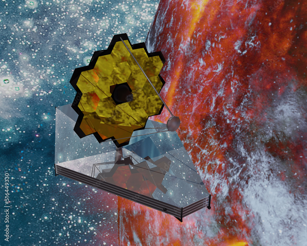 Sticker james webb telescope somewhere in extreme deep outer space near red planet with atmosphere. 3d rende