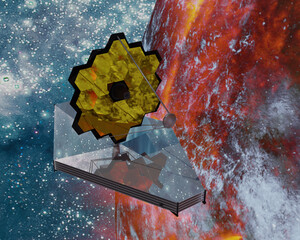 James Webb telescope somewhere in extreme deep outer space near red planet with atmosphere. 3D rendered illustration.
