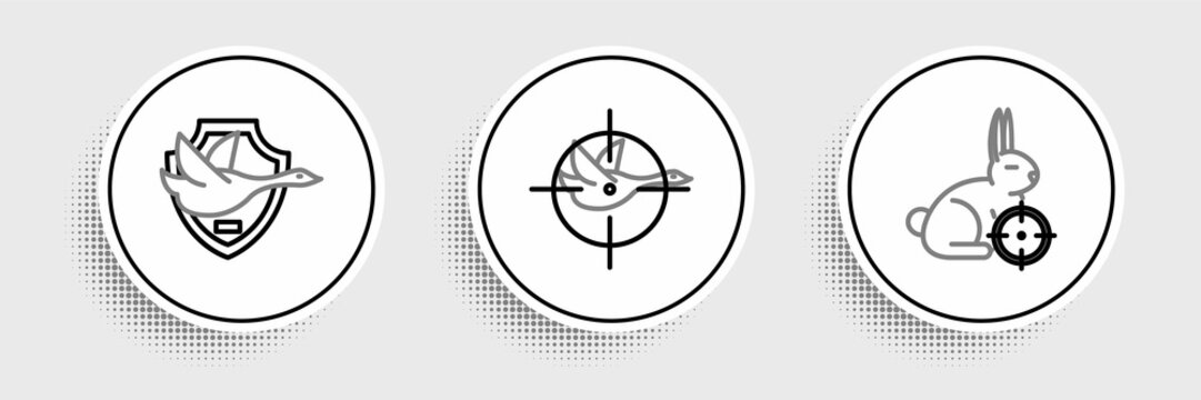 Set line Hunt on rabbit with crosshairs, Flying duck shield and icon. Vector