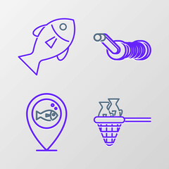 Set line Fishing net with fish, Location fishing, Spinning reel for and icon. Vector