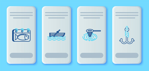 Set line Fishing boat with oars on water, net, Calendar fish and hook icon. Vector