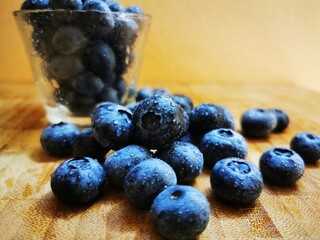 Fresh Blueberry fruits. Drops of water on organic blueberry