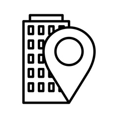 Business location icon. Office building and map pin. Vector illustration.