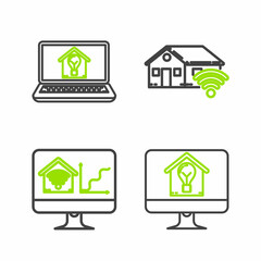 Set line Computer monitor with smart house and light bulb, home wi-fi, Smart and Laptop icon. Vector