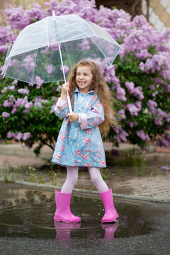 A sweet girl of five years with a transparent umbrella against the background of blooming lilacs enjoys spring and has a fun. Pastel colors. Spring. Childhood. Beauty.