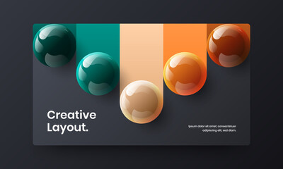 Vivid realistic spheres postcard template. Geometric cover design vector layout.