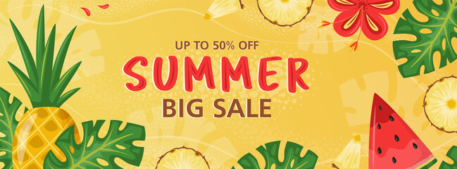 Colourful Summer Sale background layout banners design. Leaves, pineapple, watermelon, hibiscus flower on yellow background. Horizontal poster, header for website