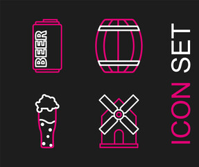 Set line Windmill, Glass of beer, Wooden barrel and Beer can icon. Vector