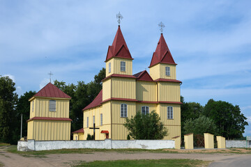 Old ancient wooden church of the Nativity of the Virgin Mary in Dudy village, Grodno region, Belarus.