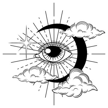 Hand drawn all seeing eye with clouds, moon and stars. Mystical magic vector illustration on white background. Celestial symbols. Spirituality. Tatoo. Astrology, alchemy, boho symbol. Moon pagan