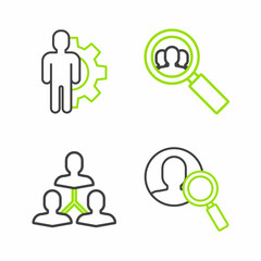 Set line Magnifying glass for search a people, Project team base, and Human with gear inside icon. Vector