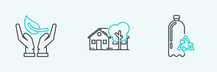 Set line Recycling plastic bottle, Sprout hand of environmental protection and Eco friendly house icon. Vector