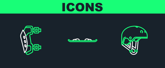 Set line Helmet, Knee pads and Snowboard icon. Vector