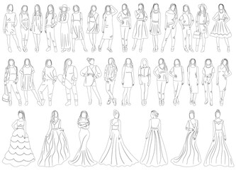 women, girls sketch, set on white background isolated, vector