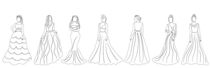 women bride, princess sketch, set isolated, vector