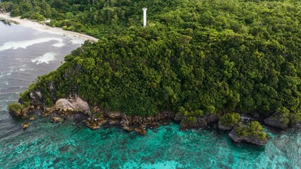Aerial view of blue water surrounding a beautiful green island
