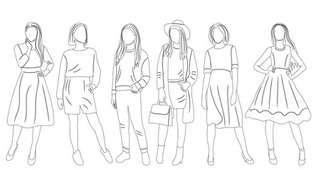 women girls sketch isolated, vector
