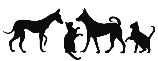 dogs and cats black silhouette, isolated, vector