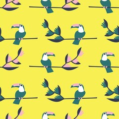 Bright yellow seamless pattern with toucan birds and heliconia flowers vector. Minimalist colorful surface design with tropical flowers and birds. Contrast paradise flora and fauna endless texture