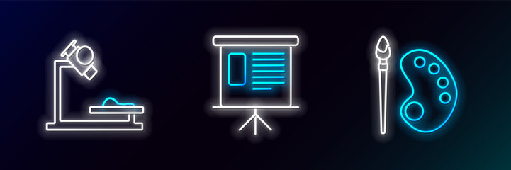 Set line Paint brush with palette, Microscope and Presentation financial board graph, schedule, chart, diagram, infographic, pie graph icon. Glowing neon. Vector