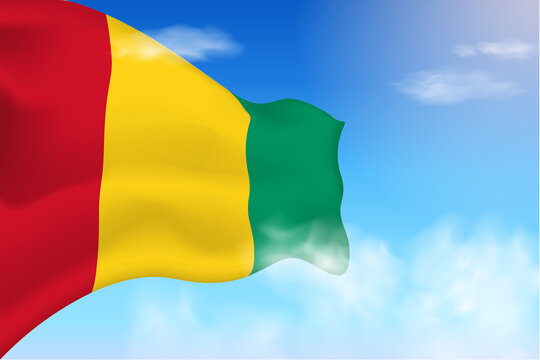 Guinea flag in the clouds. Vector flag waving in the sky. National day realistic flag illustration. Blue sky vector.