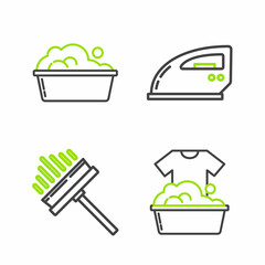 Set line Plastic basin with soap suds, Squeegee, scraper, wiper, Electric iron and icon. Vector