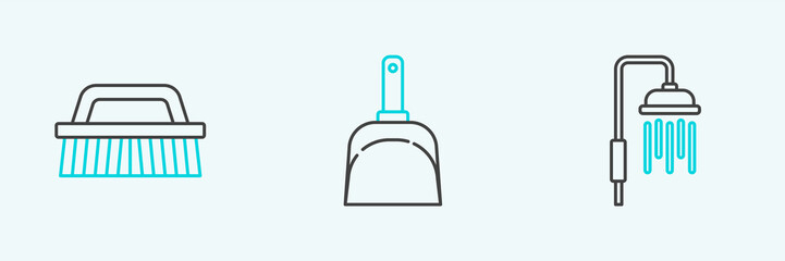 Set line Shower head with water drops flowing, Brush for cleaning and Dustpan icon. Vector
