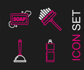 Set line Plastic bottles for liquid dishwashing liquid, Toilet plunger, Squeegee, scraper, wiper and Bar of soap with foam icon. Vector