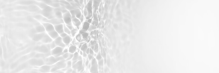 Water texture with sun reflections on the water overlay effect for photo or mockup. Organic light gray drop shadow caustic effect with wave refraction of light. Long Banner with copy space