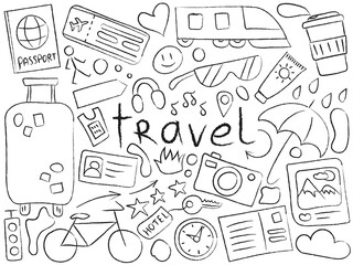 A set of objects on the theme of travel and vacation with the inscription travel. Tourism, transport, weather, items. Sketch. Vector illustration