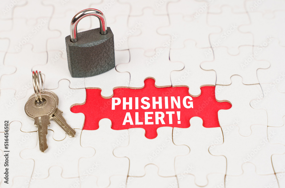 Poster on puzzles there is a lock and keys, on a red surface there is an inscription - phishing alert
