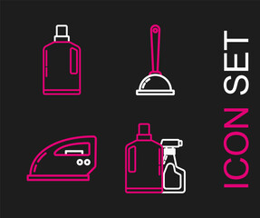 Set line Plastic bottles for liquid dishwashing liquid, Electric iron, Toilet plunger and icon. Vector