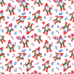 Seamless repetitive pattern with cute Christmas gnomes and fur trees and decorations depicted on white background