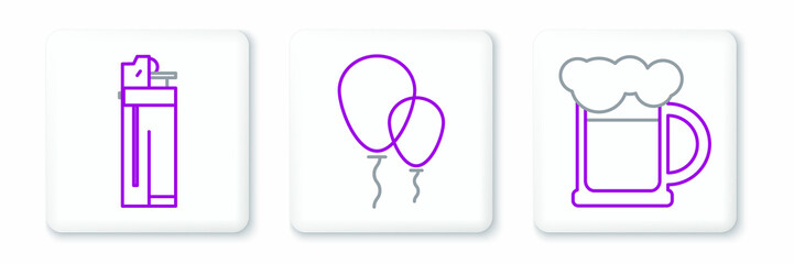 Set line Wooden beer mug, Lighter and Balloons with ribbon icon. Vector