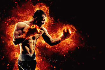 Fototapeta na wymiar Fighter man in fire. Sport advertising. MMA boxer
