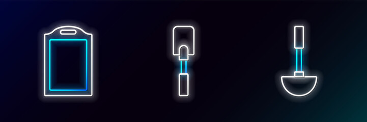 Set line Kitchen ladle, Cutting board and Spatula icon. Glowing neon. Vector