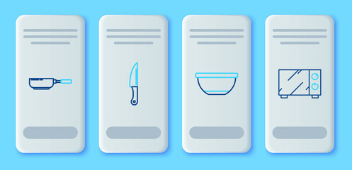 Set line Knife, Bowl, Frying pan and Microwave oven icon. Vector