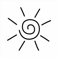 Vector black outline sun with direct rays. Summer, vacation theme.