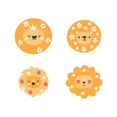 Cute lions with floral elements. Modern vector illustration. Jungle life clipart. Vector illustration. Funny doodle animals. 