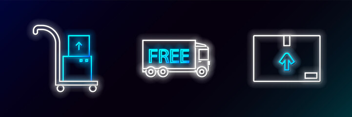 Set line Cardboard box with traffic symbol, Hand truck and boxes and Free delivery service icon. Glowing neon. Vector