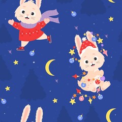 2023 is Year of the Rabbit to Chinese zodiac. Seamless pattern with symbols of year, cute bunny with garland in Santa hat and hare in sweater skates on blue background with decor. Vector illustration.