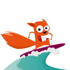 funny illustration of a surfing cartoon squirrel