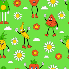 Retro seamless pattern, groovy background. Vector hippy pattern with 70s, 80s vibes groovy elements funny comic cartoon characters fruit, gloved hands and feet. Cartoon funky on green background.