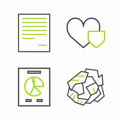 Set line Crumpled paper ball, Document with graph chart, Heart shield and icon. Vector