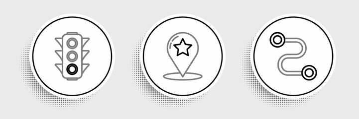 Set line Route location, Traffic light and Map pointer with star icon. Vector