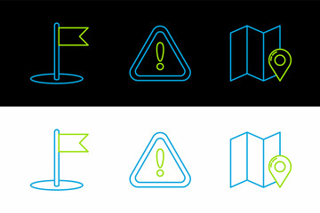 Set line Folded map with location marker, Flag and Exclamation in triangle icon. Vector