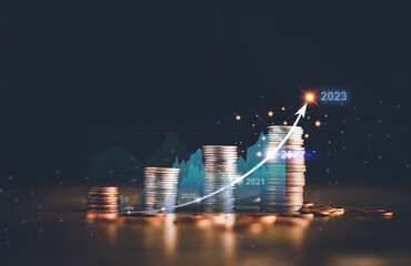 Financial and investment concept, coins stack and technical chart for stock market, ฺBusiness growth and success, financial strategy, economy trends, Trader planning or analysis in stock market.