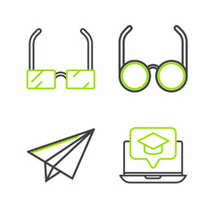 Set line Graduation cap on screen laptop, Paper airplane, Glasses and icon. Vector