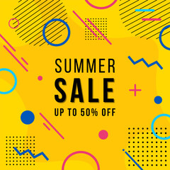 Summer sale banner with geometric forms, lines and dots in trendy memphis style. Invitation for shopping with 50 percent off.