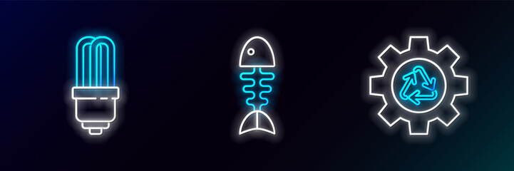 Set line Recycle symbol and gear, LED light bulb and Fish skeleton icon. Glowing neon. Vector